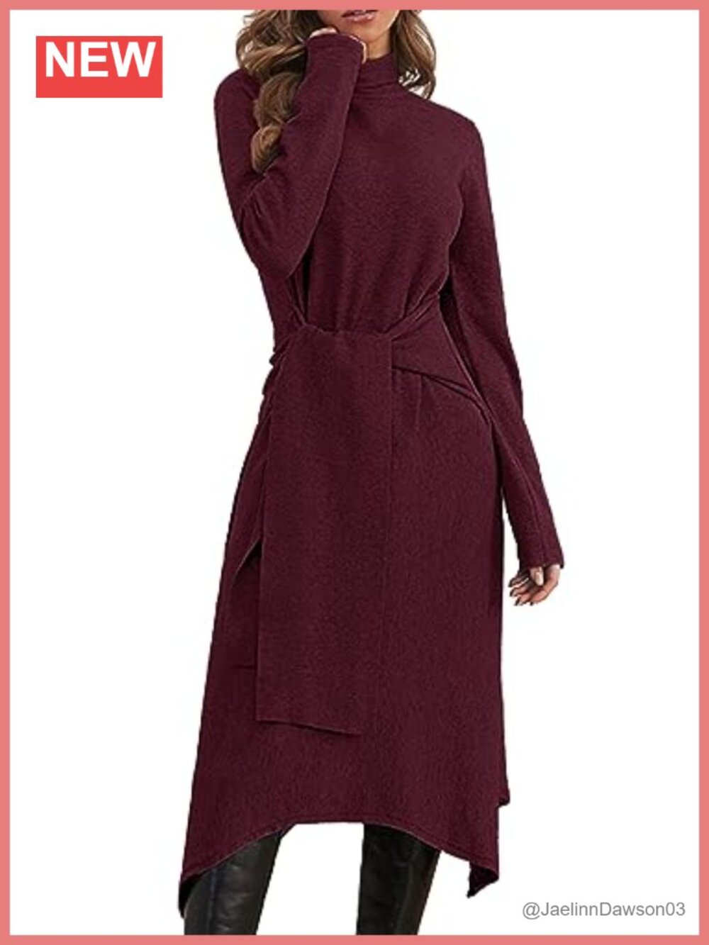 A-Line Turtleneck Long Winter Sweater Dress Tie Waist Midi Knit